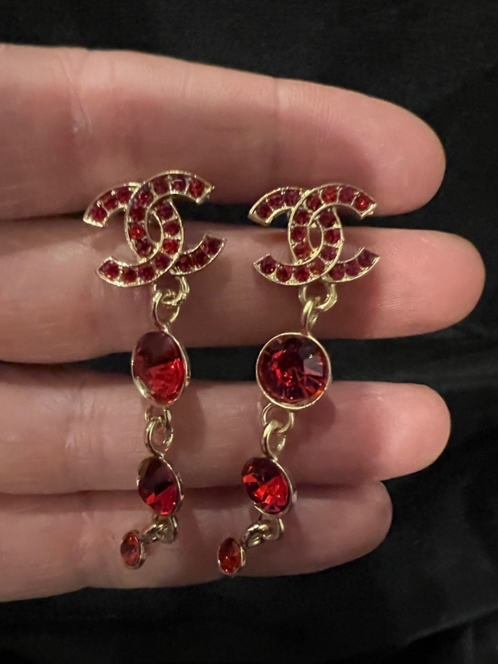 CHANEL Red Crystal Logo Drop Earrings - Gold Tone - Picture 10 of 13